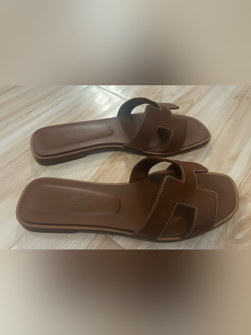 Hermes Brown Oran H-strap Leather Slide Sandals - Picture 2 of 4
